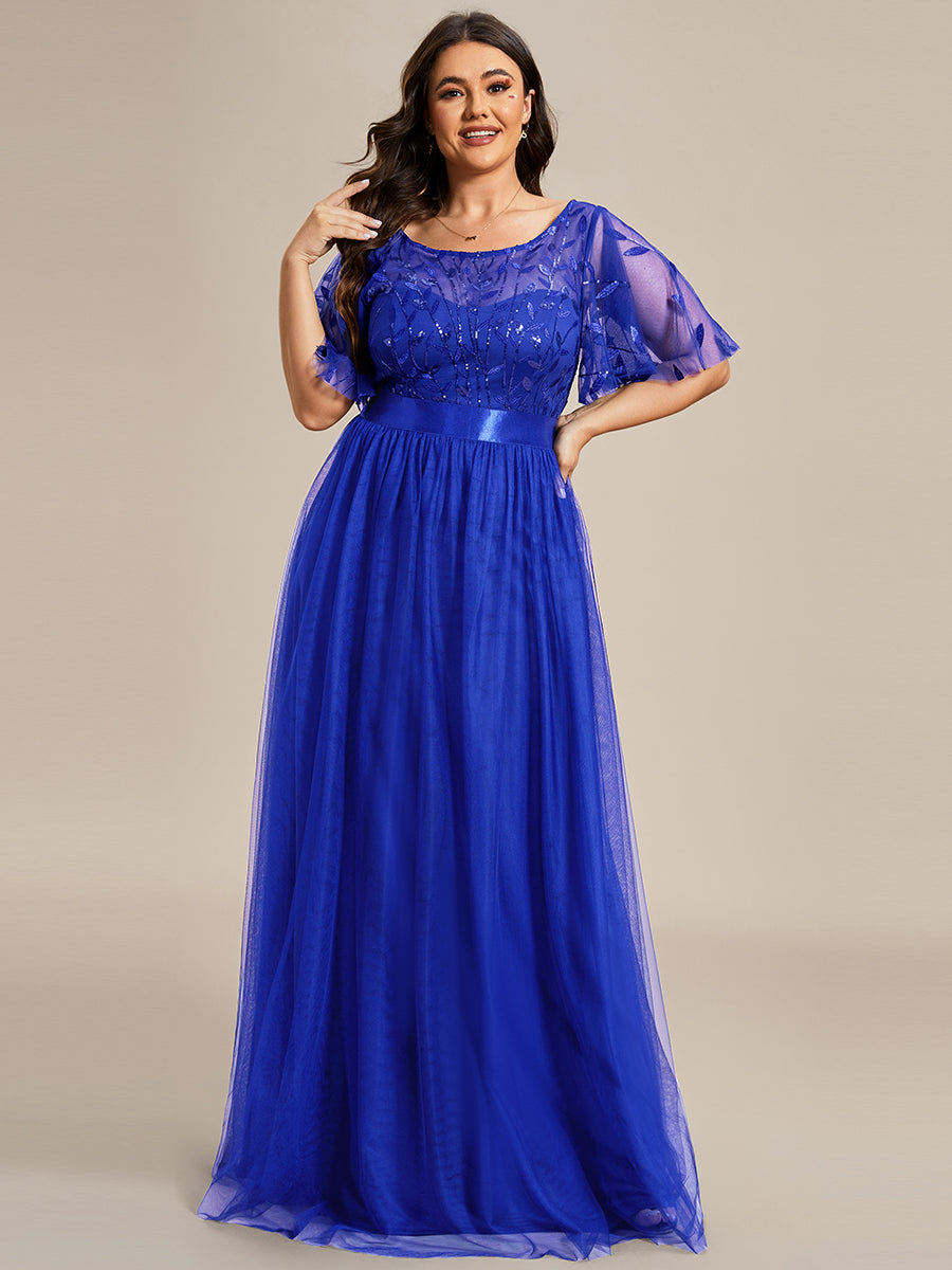 Damen A-Line Kurzarm Stickerei Bodenlanges Abendkleid #Farbe_Saphirblau