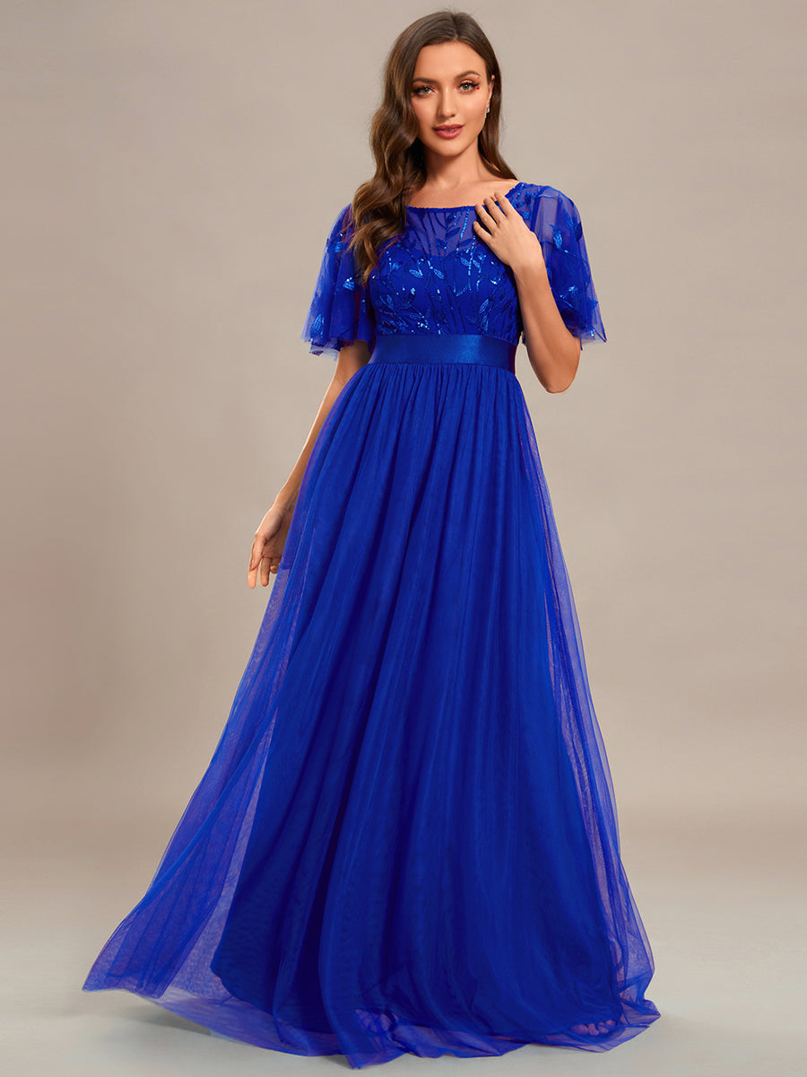 Damen A-Line Kurzarm Stickerei Bodenlanges Abendkleid #Farbe_Saphirblau