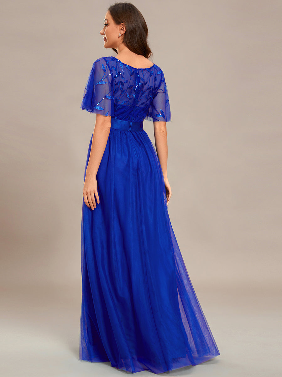 Damen A-Line Kurzarm Stickerei Bodenlanges Abendkleid #Farbe_Saphirblau