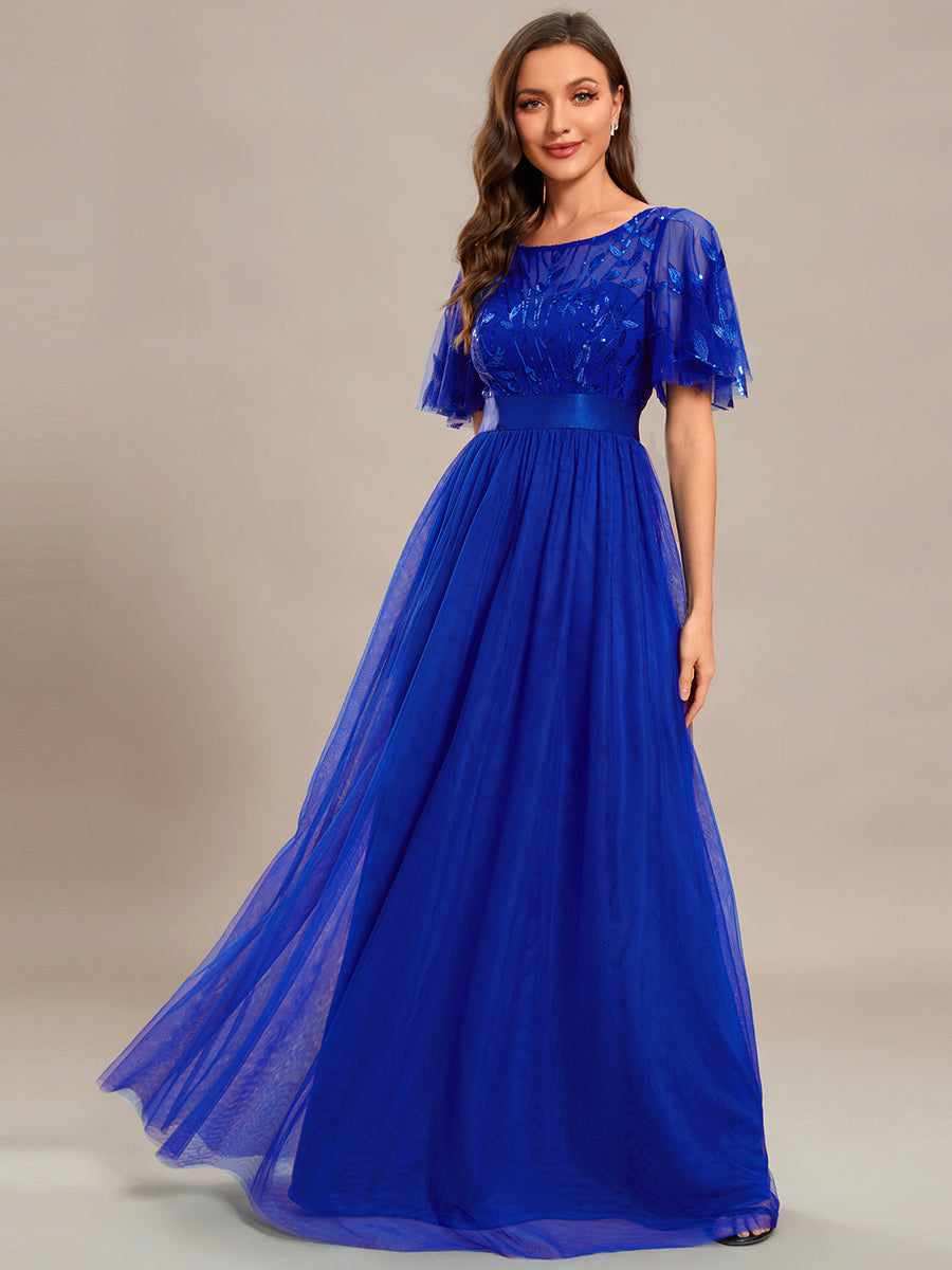Damen A-Line Kurzarm Stickerei Bodenlanges Abendkleid #Farbe_Saphirblau