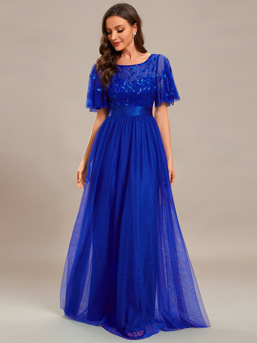 Damen A-Line Kurzarm Stickerei Bodenlanges Abendkleid #Farbe_Saphirblau
