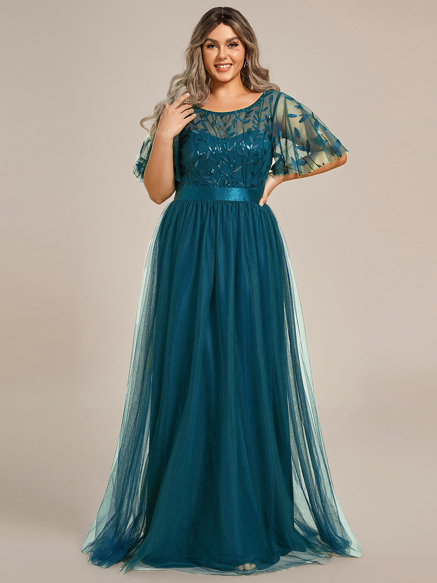 Damen A-Line Kurzarm Stickerei Bodenlanges Abendkleid #Farbe_Petrol