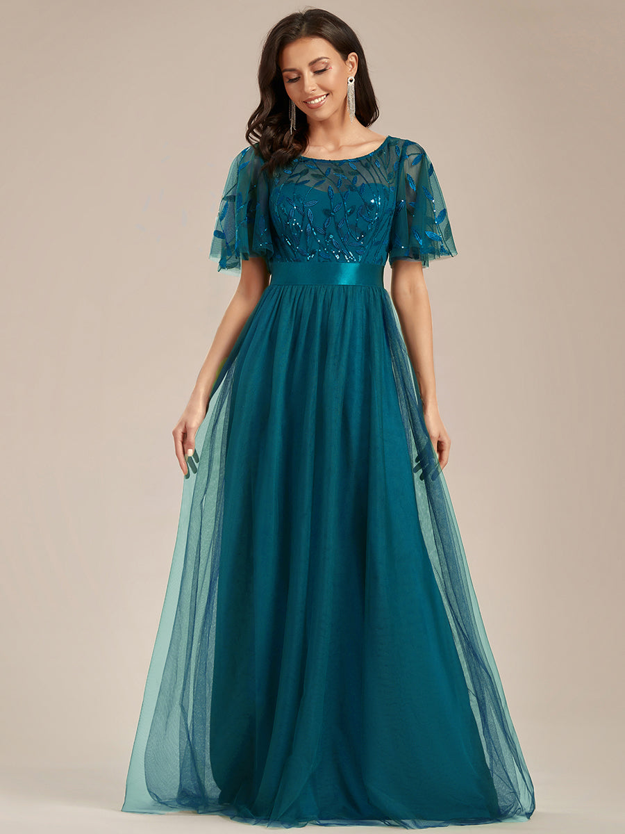 Damen A-Line Kurzarm Bodenlanges Abendkleid 00904 #farbe_Petrol