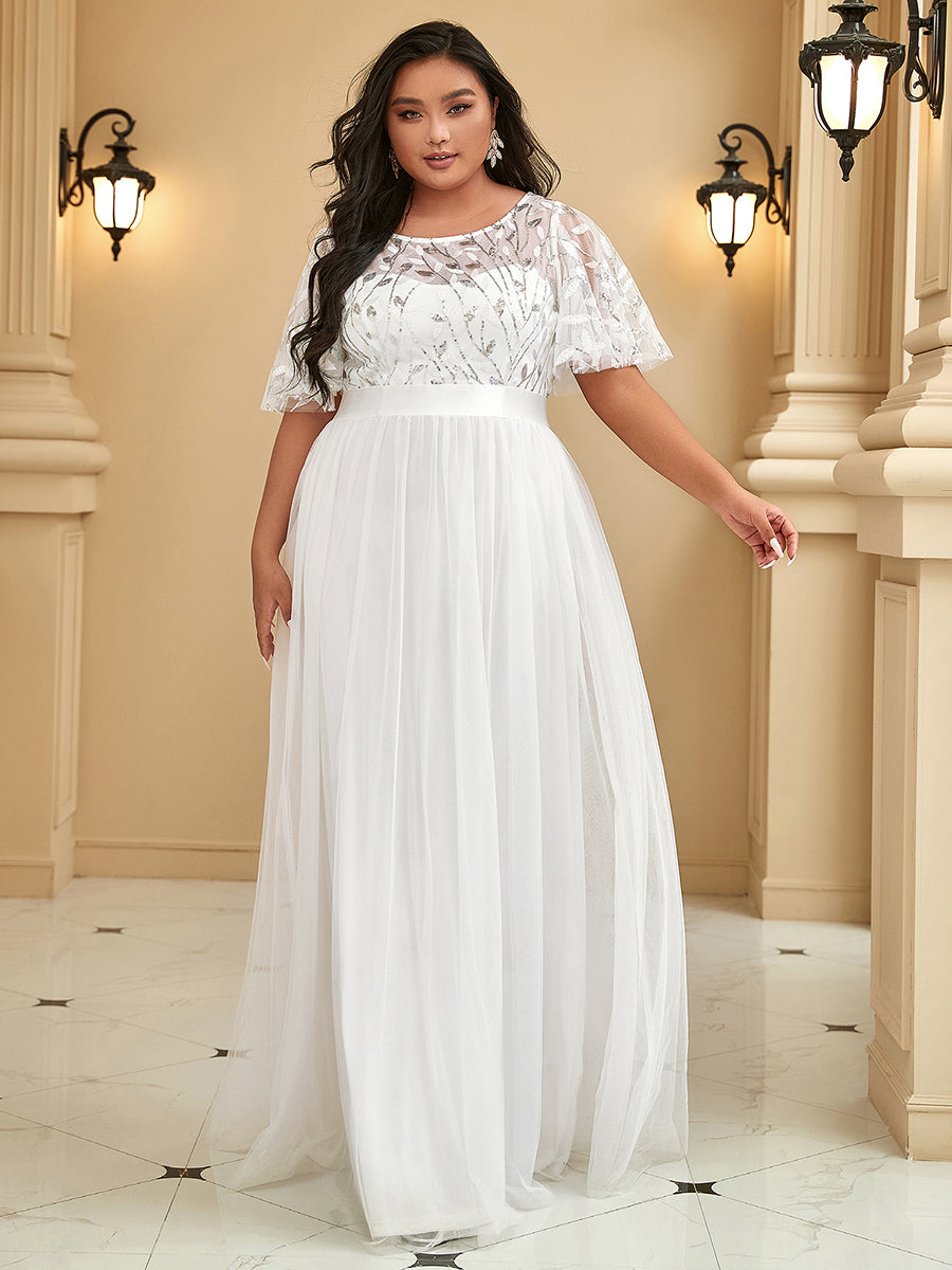 Damen A-Line Kurzarm Stickerei Bodenlanges Abendkleid #Farbe_Weiß