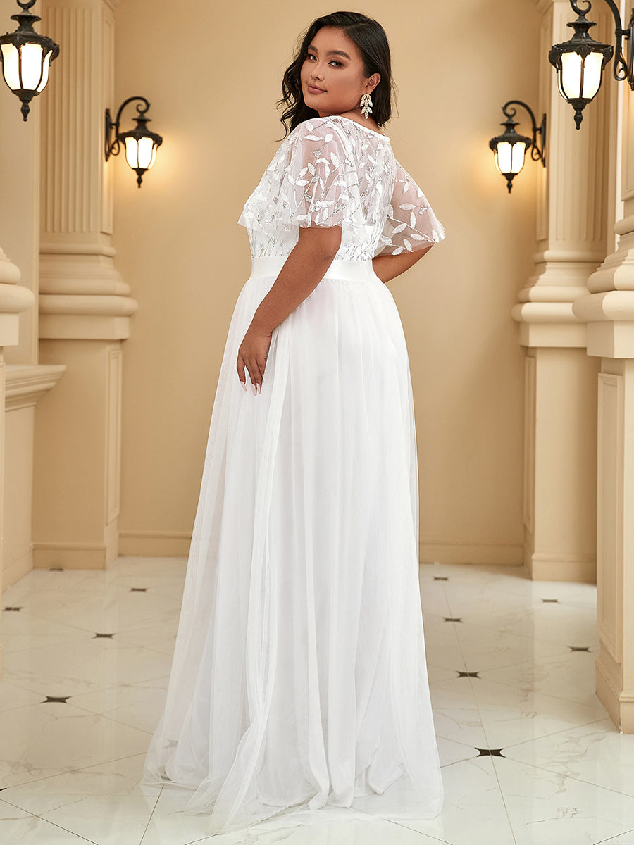 Damen A-Line Kurzarm Stickerei Bodenlanges Abendkleid #Farbe_Weiß