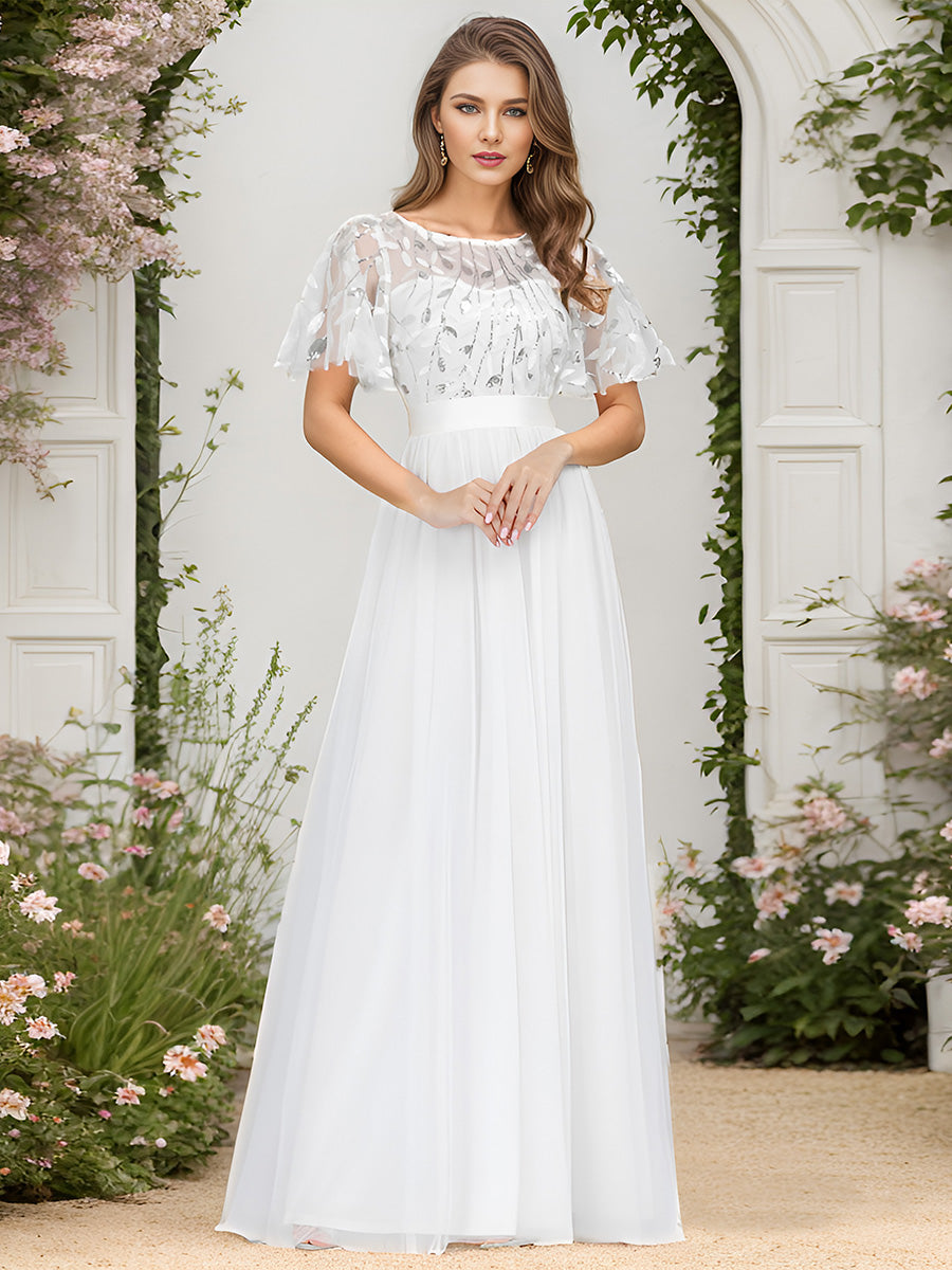 Damen A-Line Kurzarm Stickerei Bodenlanges Abendkleid #Farbe_Weiß
