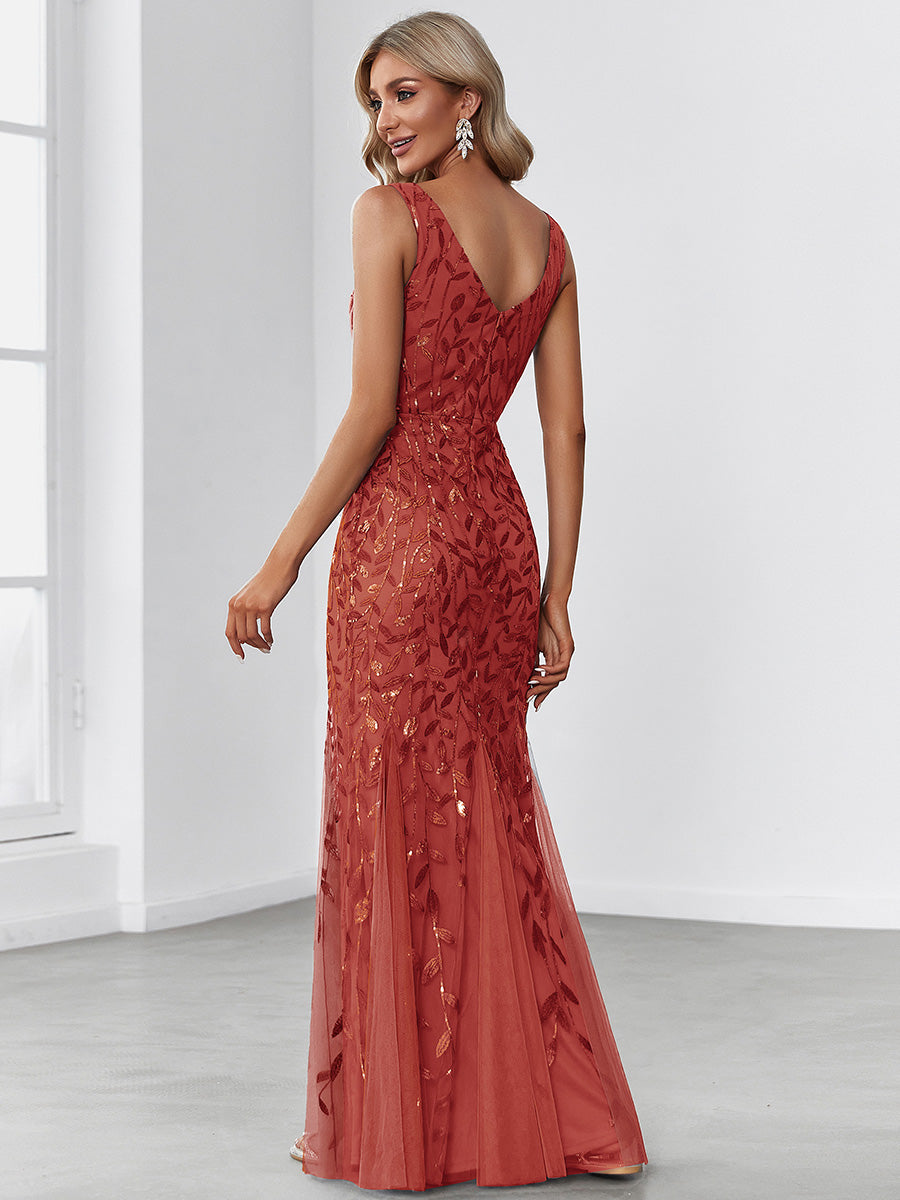 Aermelloses Abendkleid mit doppeltem V-Ausschnitt #Farbe_Gebranntes Orange