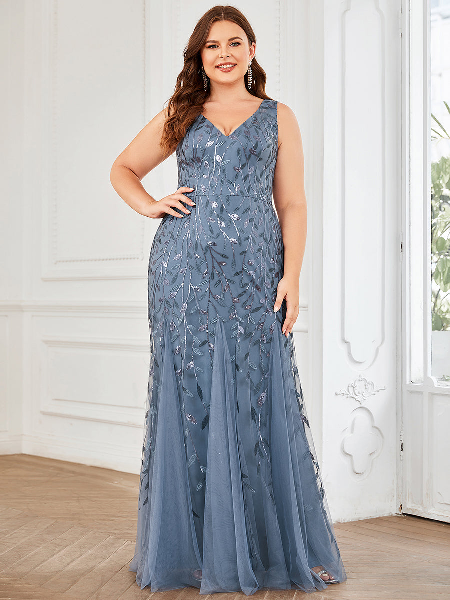 Aermelloses Abendkleid mit doppeltem V-Ausschnitt #Farbe_Taubenblau