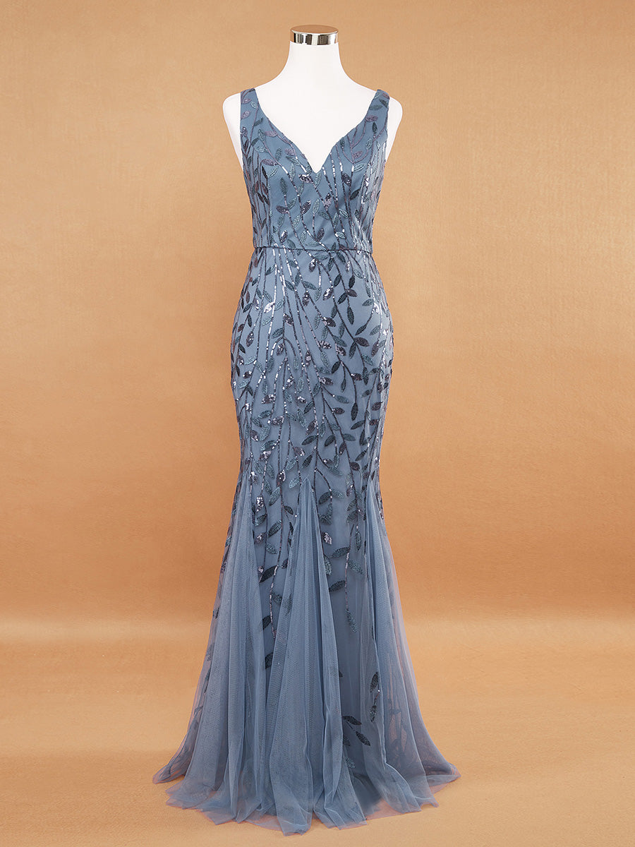 Aermelloses Abendkleid mit doppeltem V-Ausschnitt #Farbe_Taubenblau