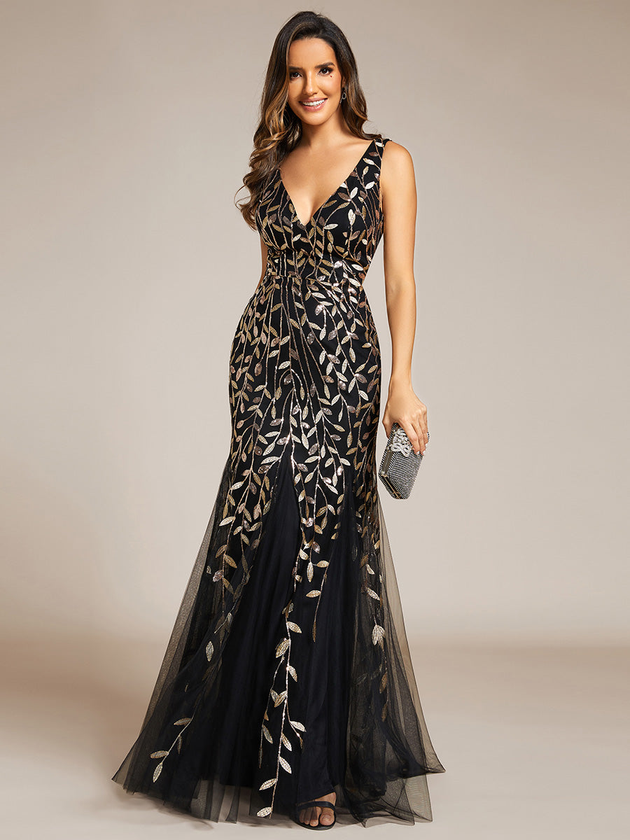 Aermelloses Abendkleid mit doppeltem V-Ausschnitt #Farbe_Schwarz & Gold