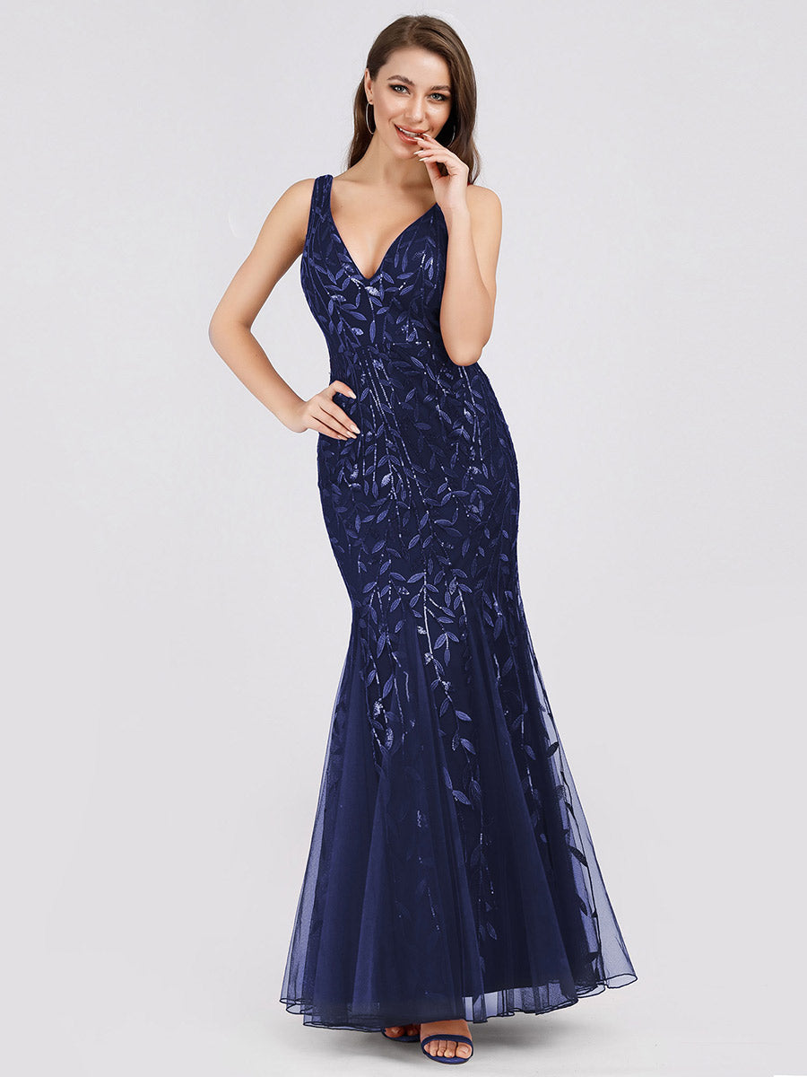 Aermelloses Abendkleid mit doppeltem V-Ausschnitt #Farbe_Marineblau