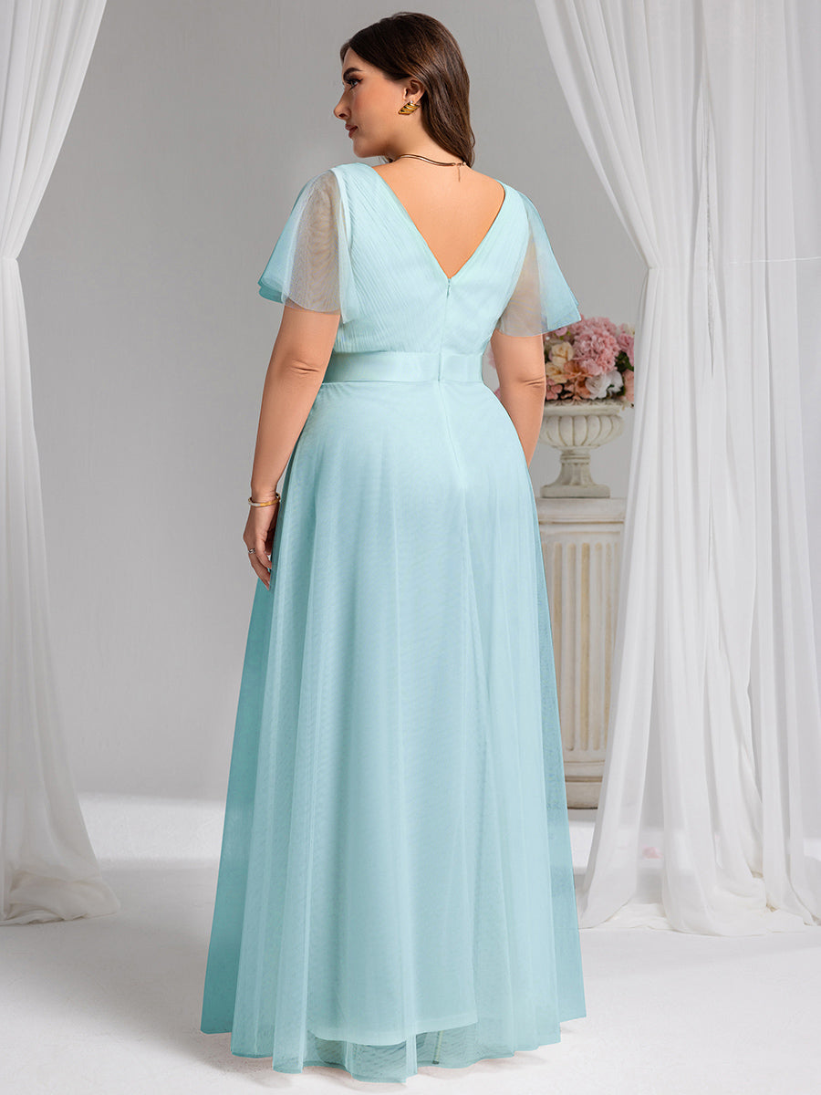 Plus Size V-Ausschnitt A-Linie Kurzarm Bodenlang Brautjungfernkleider #Farbe_Himmelblau