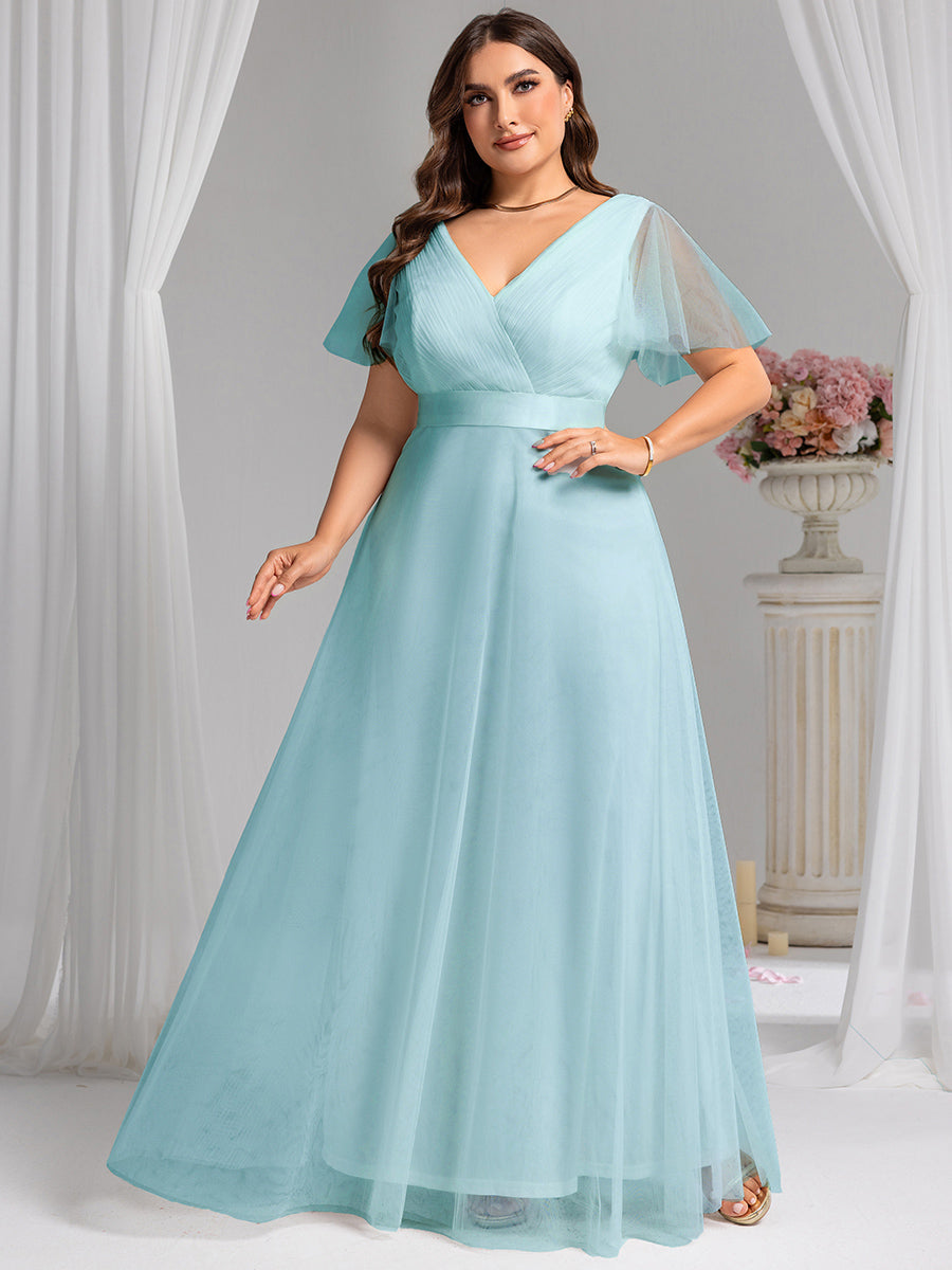 Plus Size V-Ausschnitt A-Linie Kurzarm Bodenlang Brautjungfernkleider #Farbe_Himmelblau