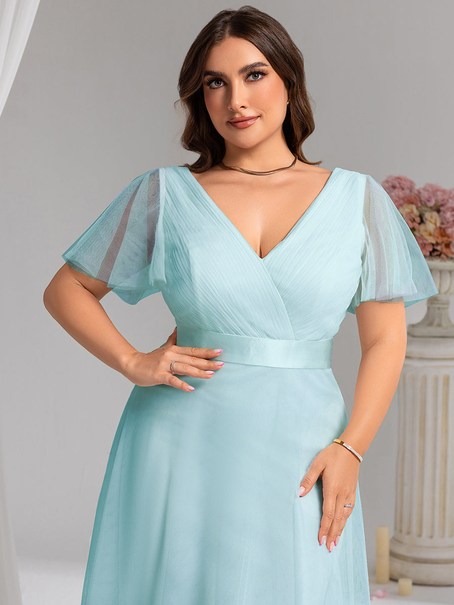 V-Ausschnitt A-Linie Kurzarm Bodenlang Brautjungfernkleider #Farbe_Himmelblau