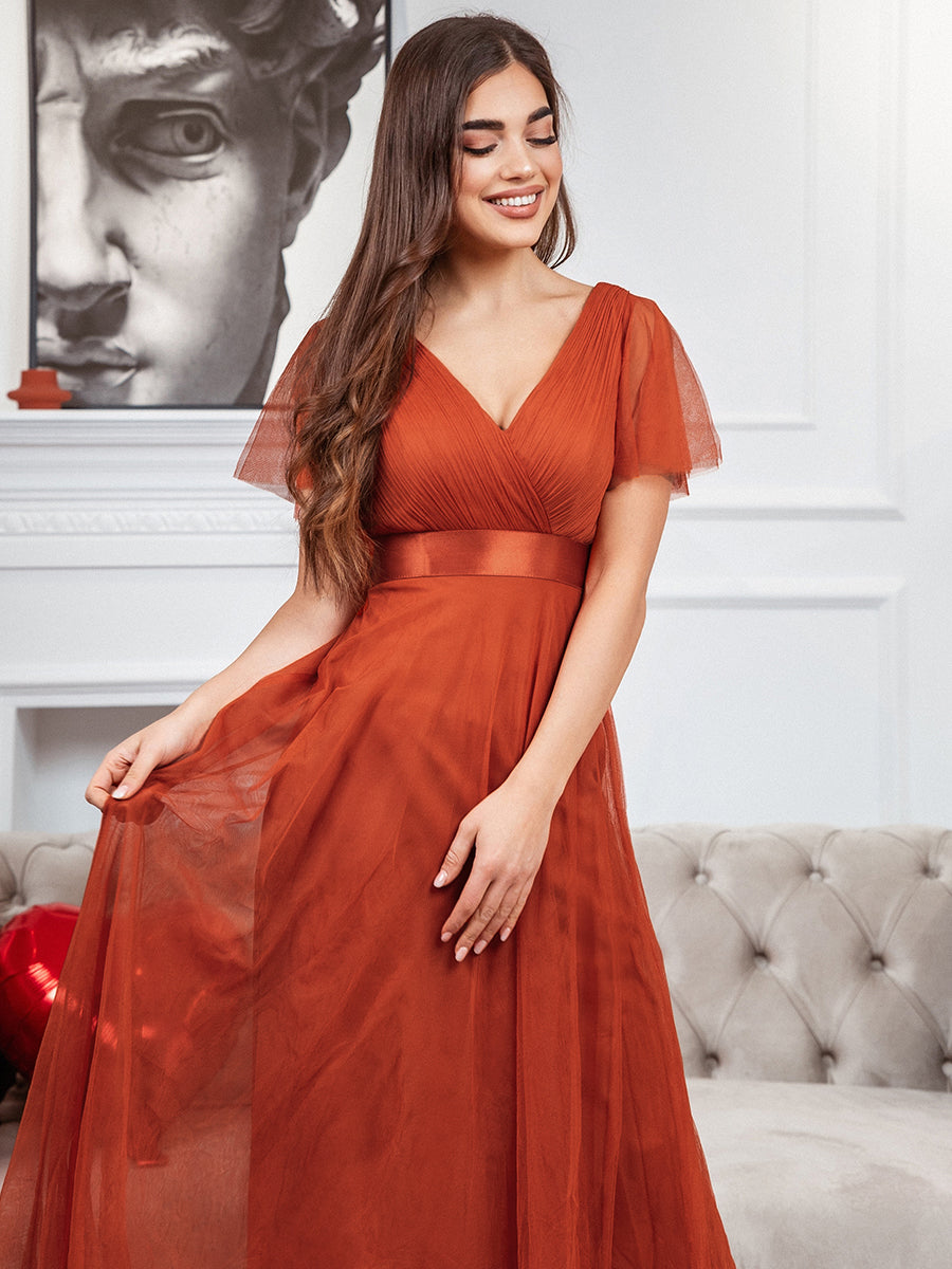 V-Ausschnitt A-Linie Kurzarm Bodenlang Brautjungfernkleider #Farbe_Gebranntes Orange