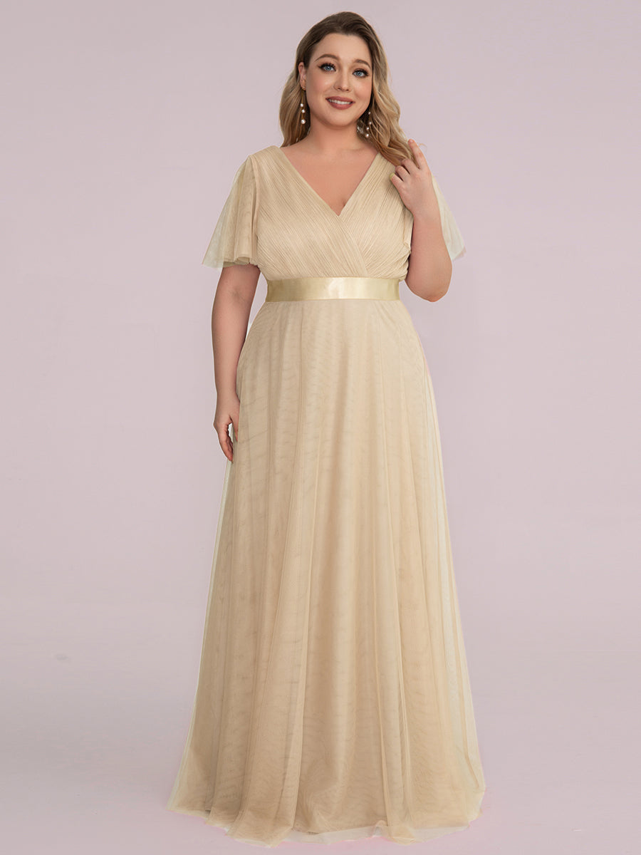 Plus Size V-Ausschnitt A-Linie Kurzarm Bodenlang Brautjungfernkleider #Farbe_Champagner