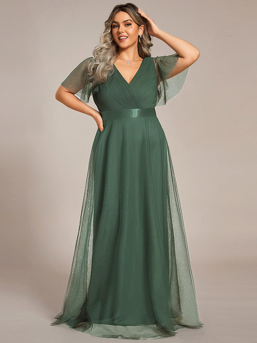 Plus Size V-Ausschnitt A-Linie Kurzarm Bodenlang Brautjungfernkleider #Farbe_Eukalyptus