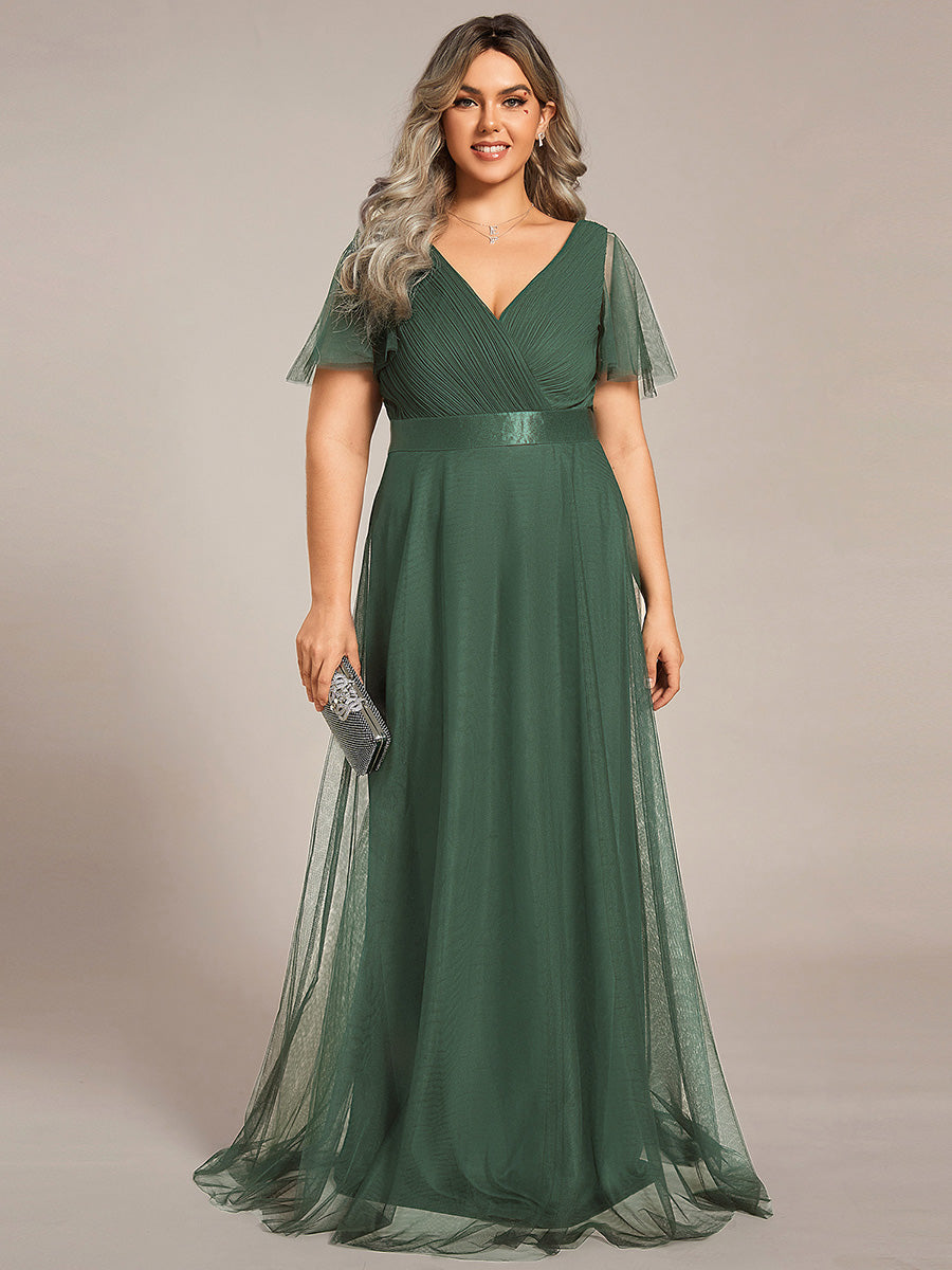 Plus Size V-Ausschnitt A-Linie Kurzarm Bodenlang Brautjungfernkleider #Farbe_Eukalyptus