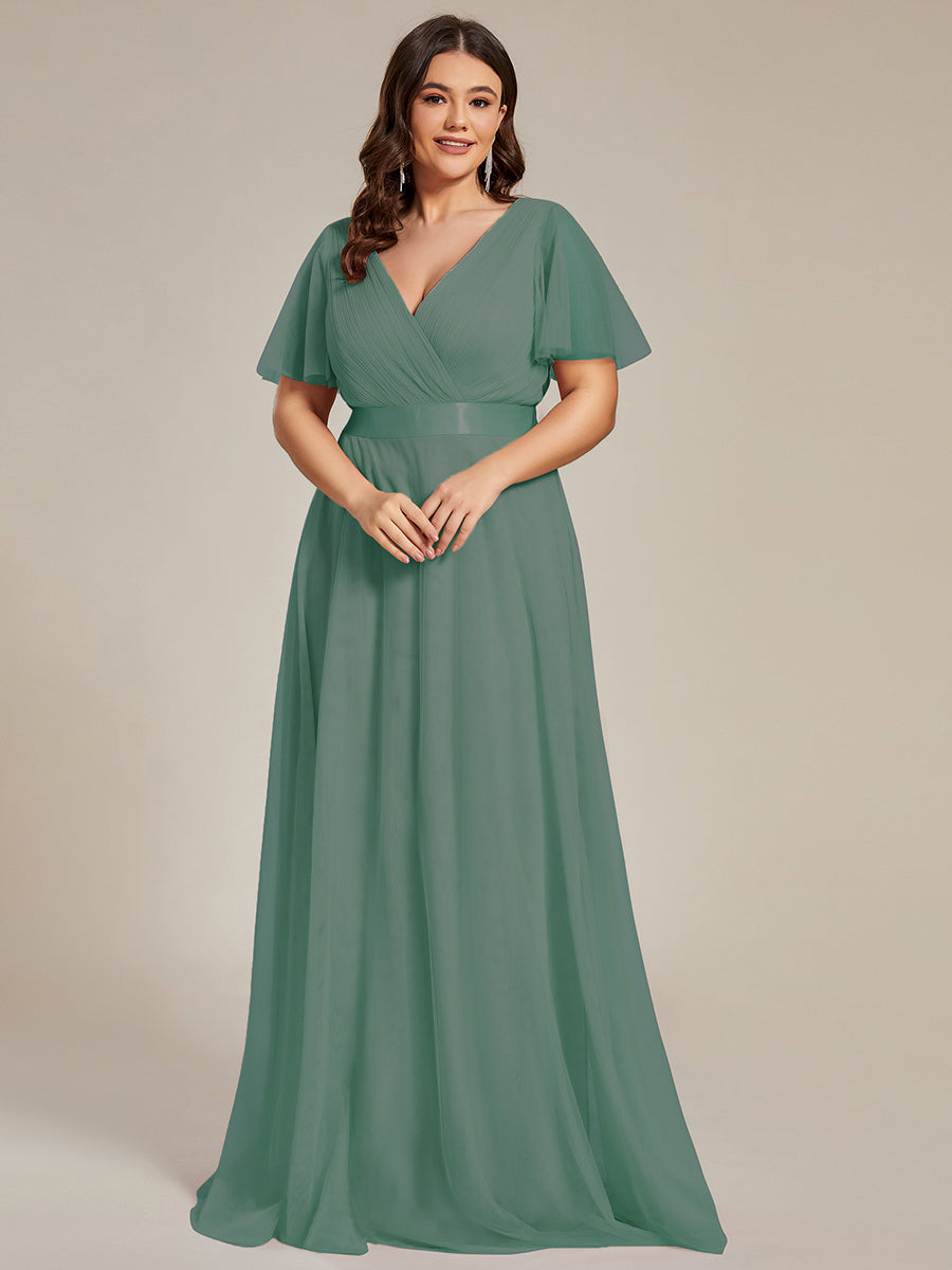 Plus Size V-Ausschnitt A-Linie Kurzarm Bodenlang Brautjungfernkleider #Farbe_Khakigrün