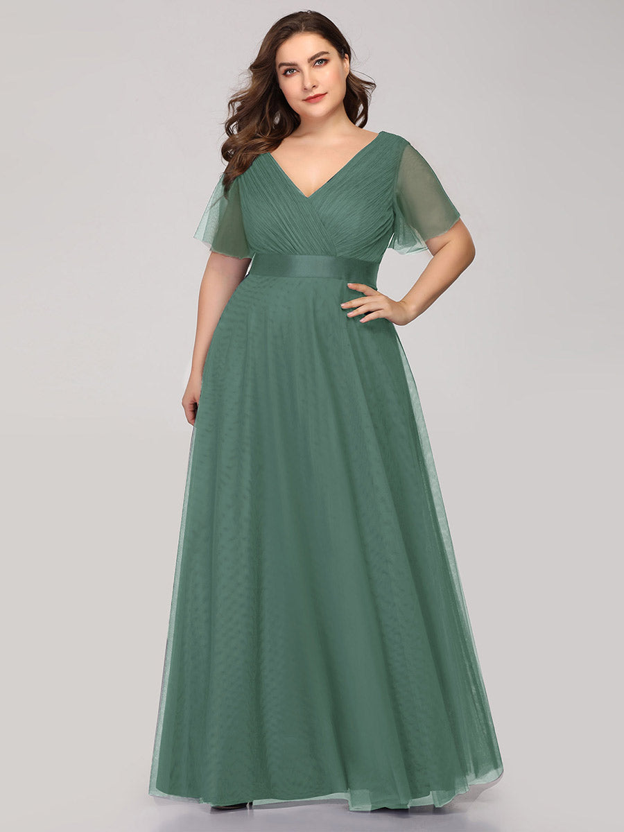 Plus Size V-Ausschnitt A-Linie Kurzarm Bodenlang Brautjungfernkleider #Farbe_Khakigrün