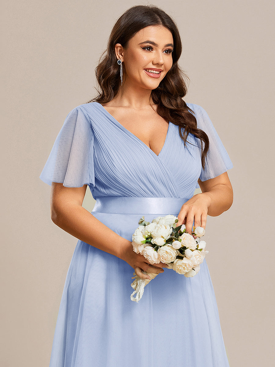 Plus Size V-Ausschnitt A-Linie Kurzarm Bodenlang Brautjungfernkleider #Farbe_Eisblau