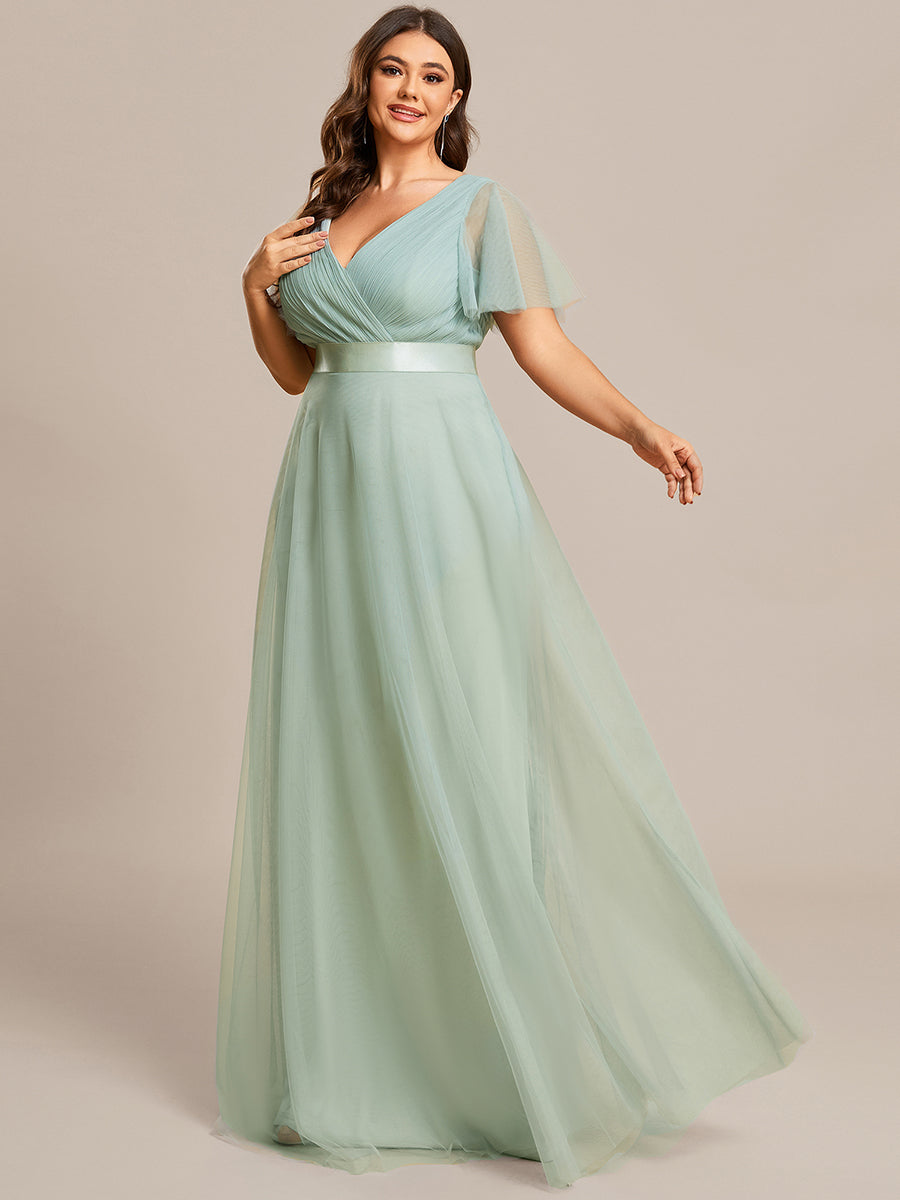 Plus Size V-Ausschnitt A-Linie Kurzarm Bodenlang Brautjungfernkleider #Farbe_Mintgrün