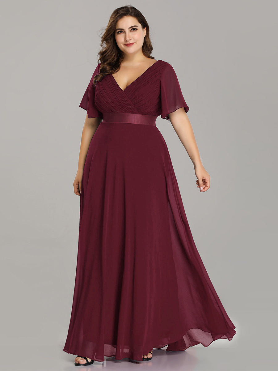 Damen V-Ausschnitt Lange Chiffon Abendkleider mit Schleppe #Farbe_Burgunderrot