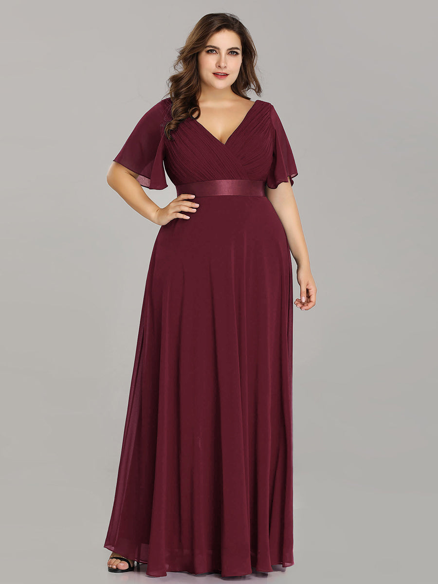 Damen V-Ausschnitt Chiffon Lange Abendkleider mit Schleppe #Farbe_Burgunderrot