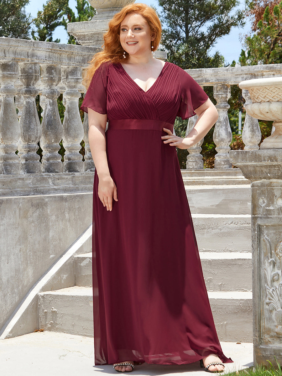 Damen V-Ausschnitt Lange Chiffon Abendkleider mit Schleppe #Farbe_Burgunderrot