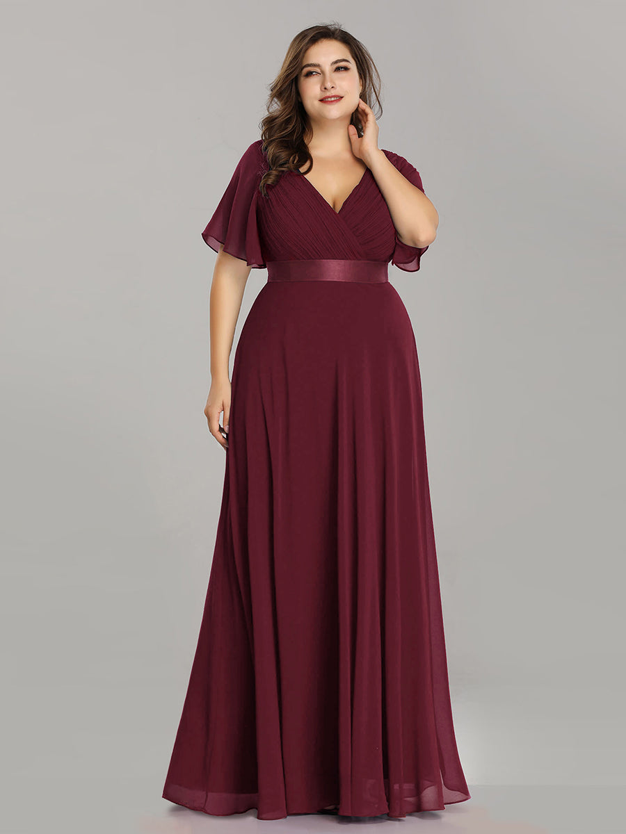 Damen V-Ausschnitt Chiffon Lange Abendkleider mit Schleppe #Farbe_Burgunderrot