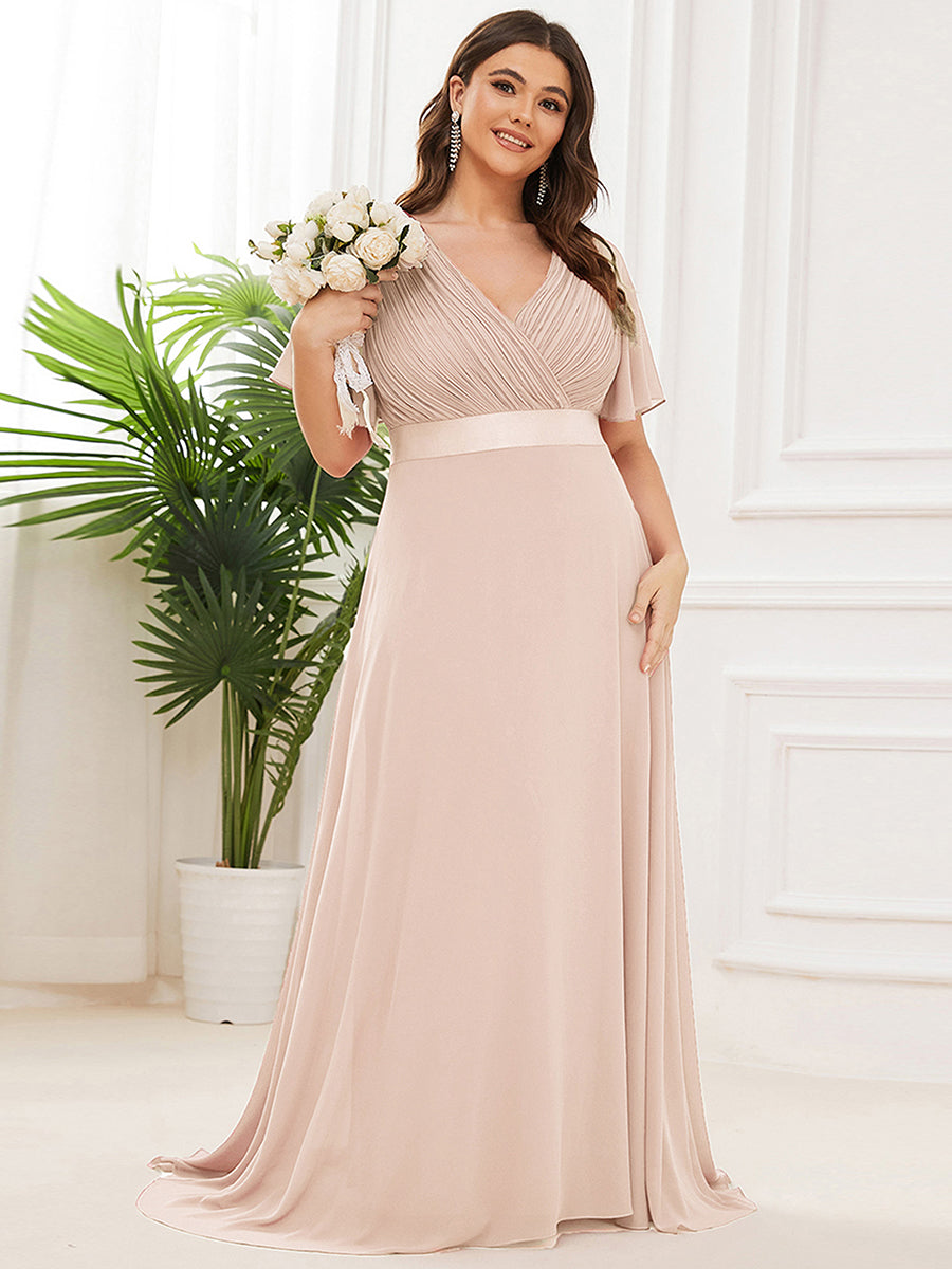 Damen V-Ausschnitt Lange Chiffon Abendkleider mit Schleppe #Farbe_Blush-Rosa