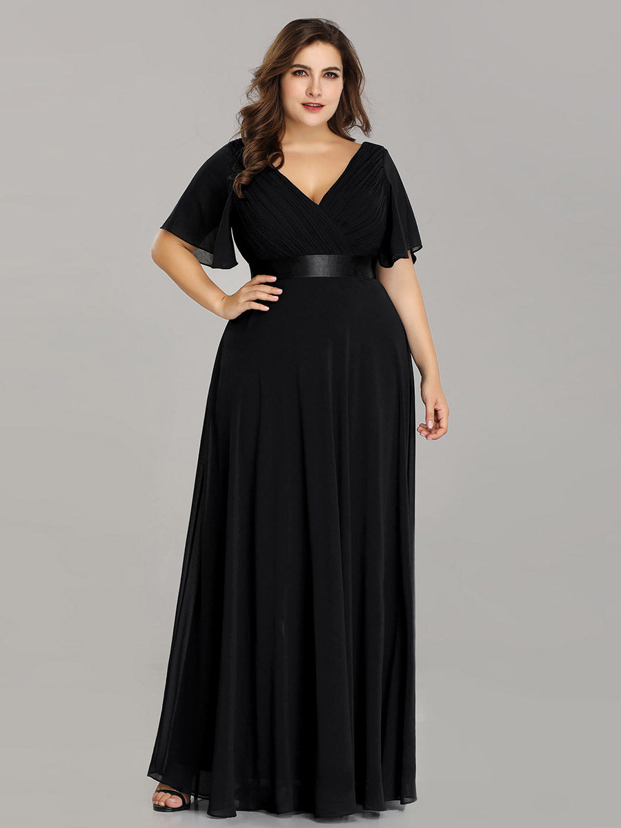 Damen V-Ausschnitt Lange Chiffon Abendkleider mit Schleppe #Farbe_Schwarz