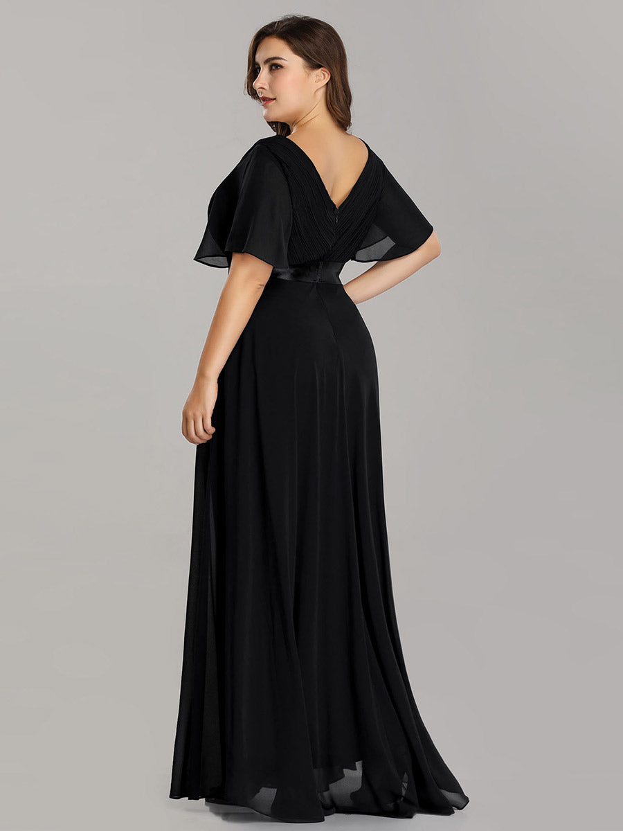 Damen V-Ausschnitt Chiffon Lange Abendkleider mit Schleppe #Farbe_Schwarz