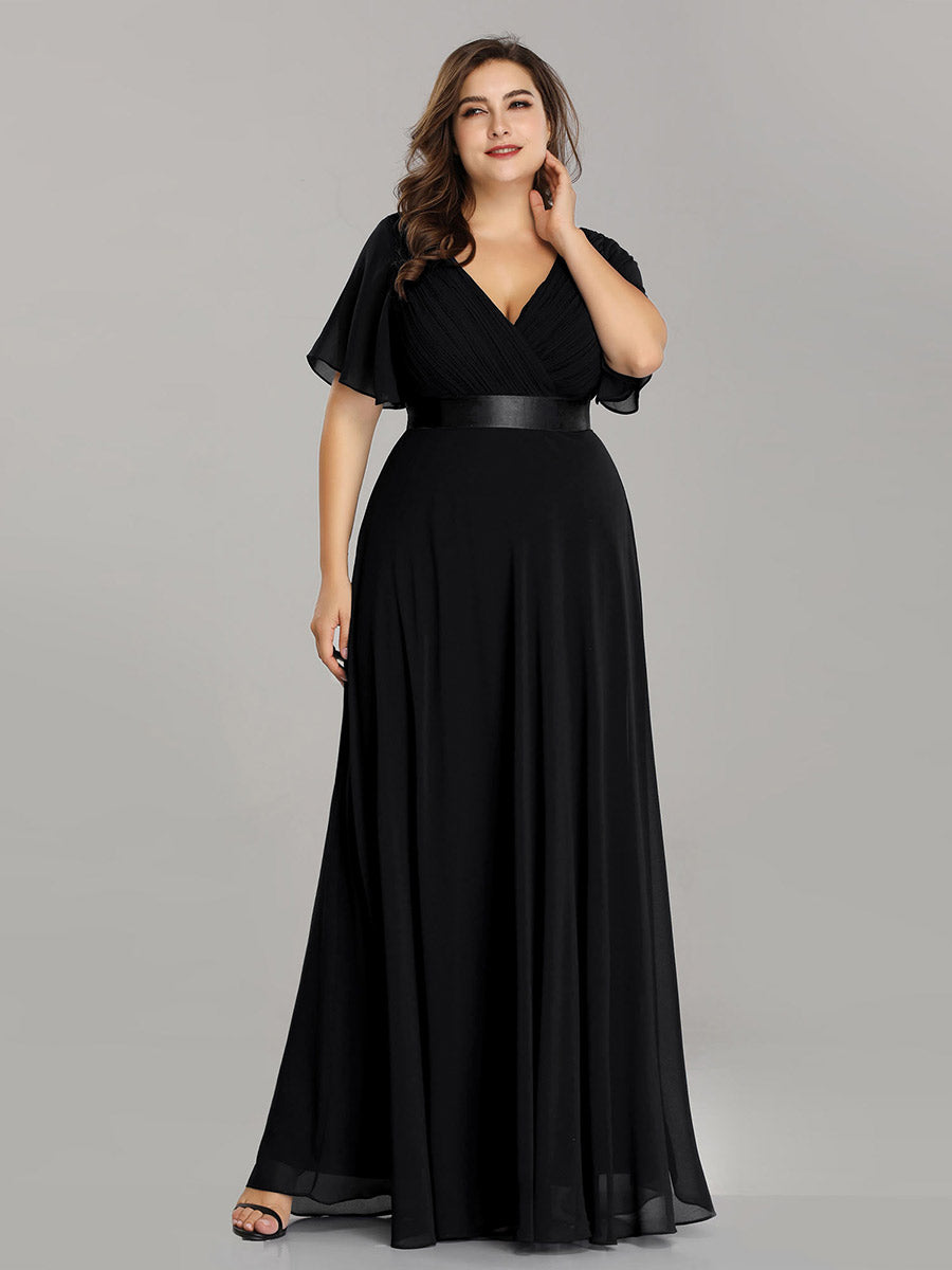 Damen V-Ausschnitt Chiffon Lange Abendkleider mit Schleppe #Farbe_Schwarz