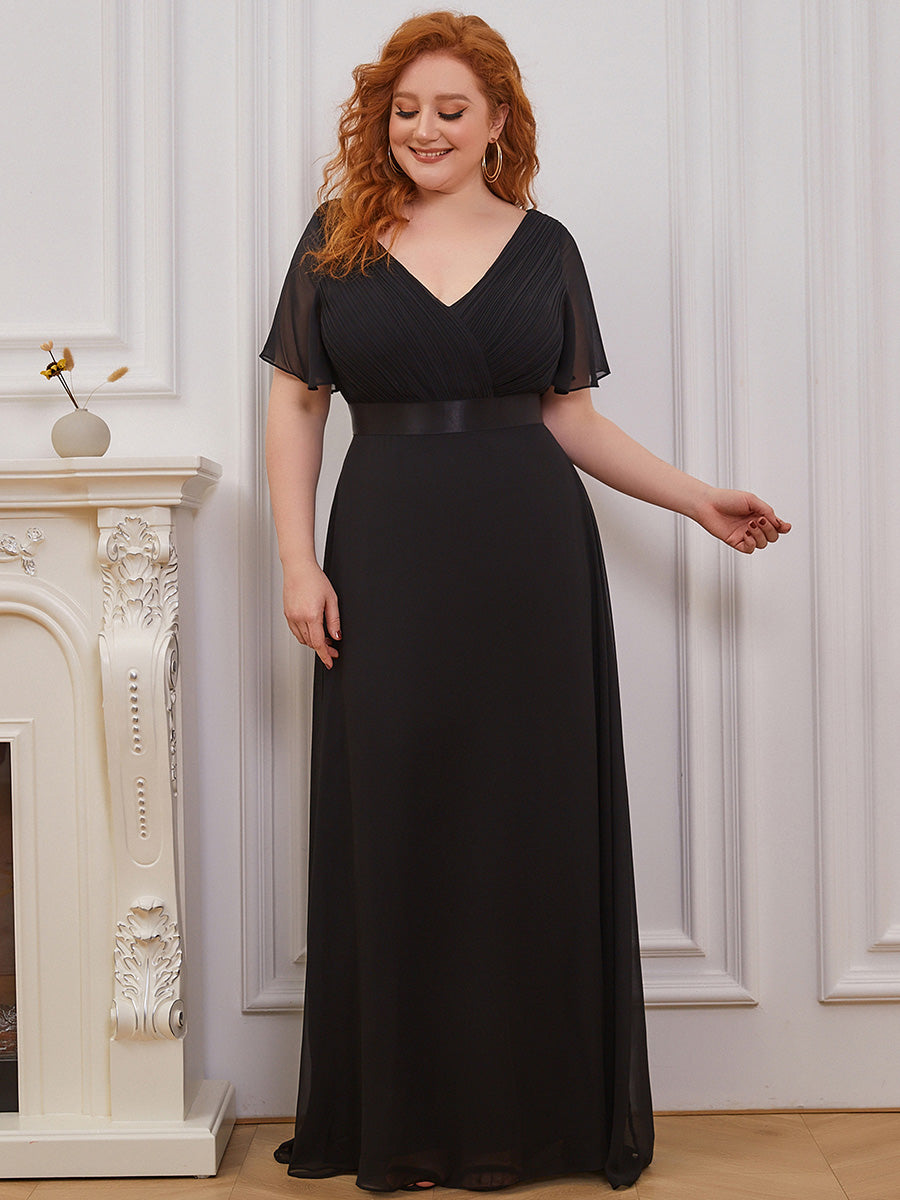 Damen V-Ausschnitt Chiffon Lange Abendkleider mit Schleppe #Farbe_Schwarz