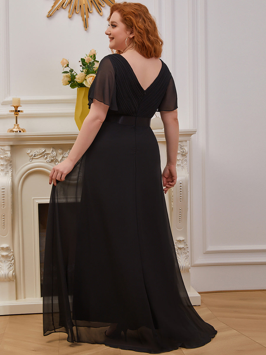 Damen V-Ausschnitt Chiffon Lange Abendkleider mit Schleppe #Farbe_Schwarz