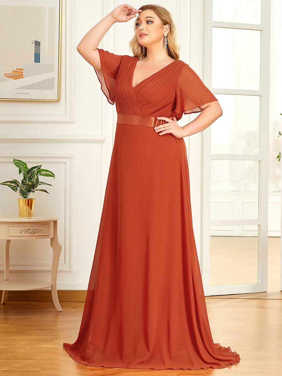 Damen V-Ausschnitt Chiffon Lange Abendkleider mit Schleppe #Farbe_Gebranntes Orange