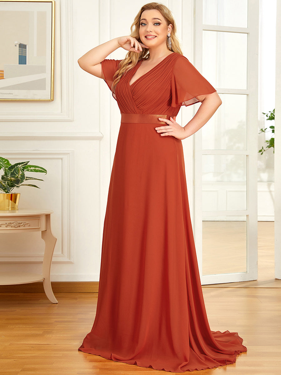 Damen V-Ausschnitt Chiffon Lange Abendkleider mit Schleppe #Farbe_Gebranntes Orange