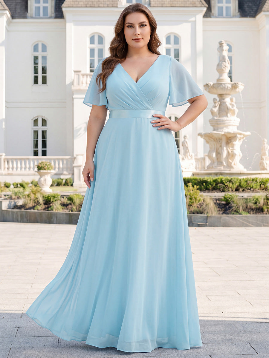 Minimalistisches A-Line Maxi Chiffon Brautkleid mit Satingürtel #Farbe_Himmelblau