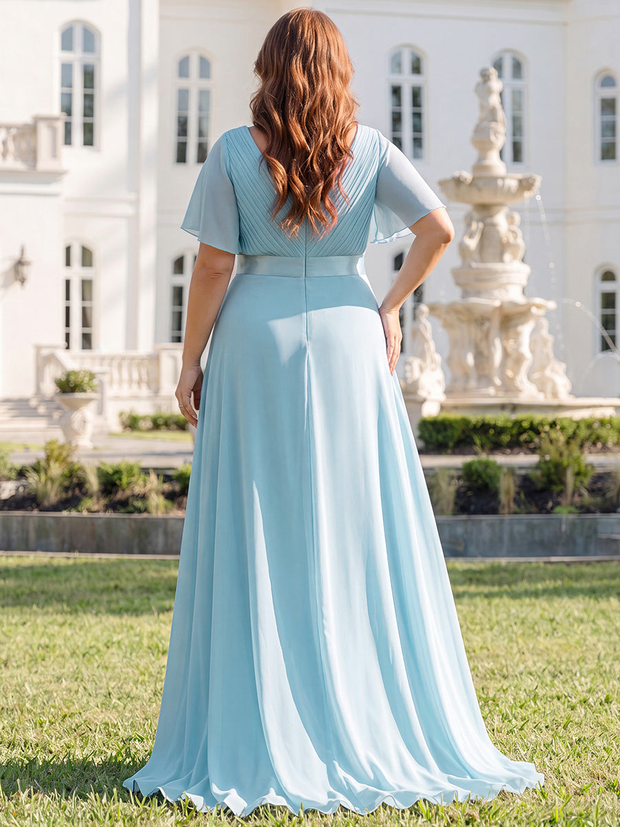 Minimalistisches A-Line Maxi Chiffon Brautkleid mit Satingürtel #Farbe_Himmelblau