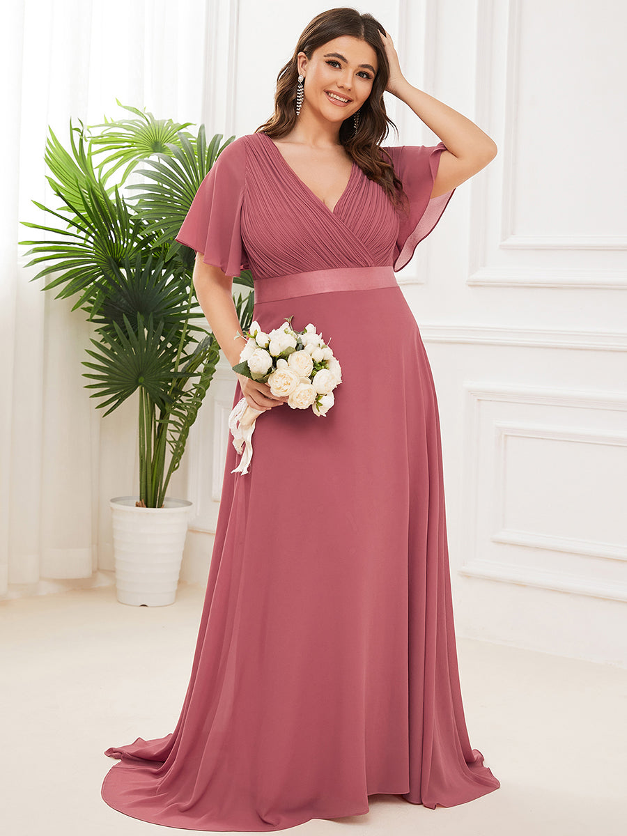 Minimalistisches A-Line Maxi Chiffon Brautkleid mit Satingürtel #Farbe_Beige-Braun