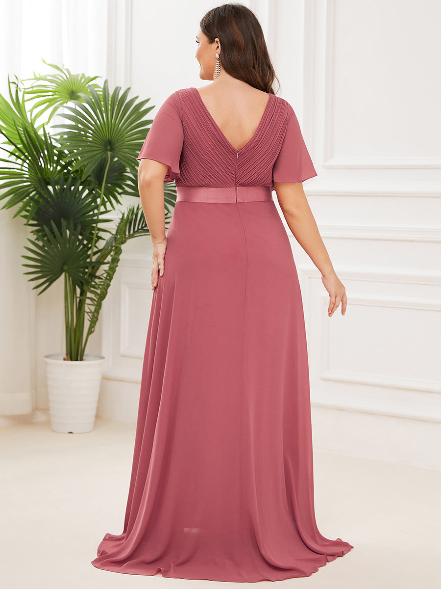 Minimalistisches A-Line Maxi Chiffon Brautkleid mit Satingürtel #Farbe_Beige-Braun