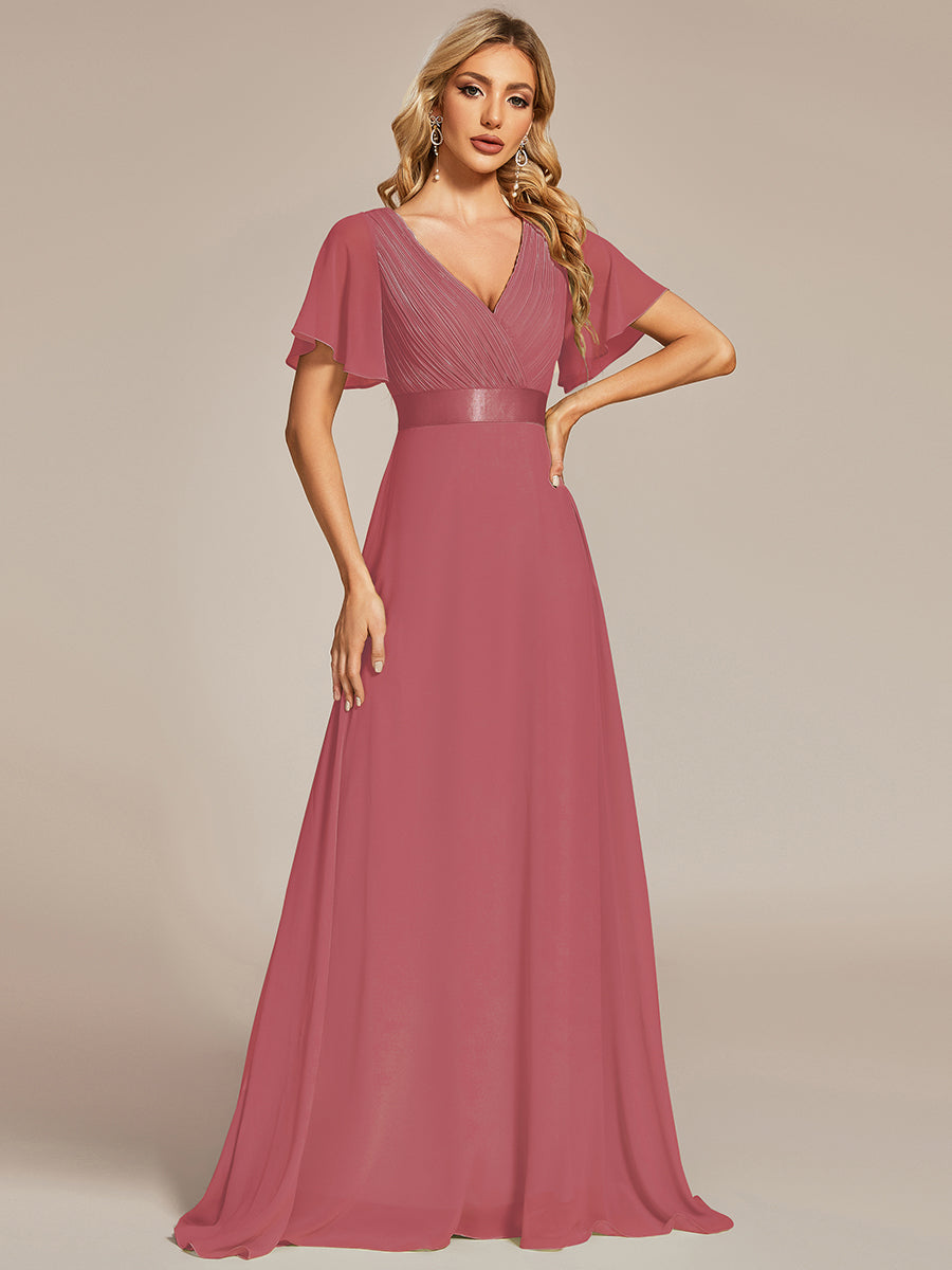Minimalistisches A-Line Maxi Chiffon Brautkleid mit Satingürtel #Farbe_Beige-Braun