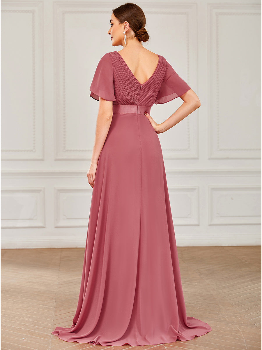 Minimalistisches A-Line Maxi Chiffon Brautkleid mit Satingürtel #Farbe_Beige-Braun