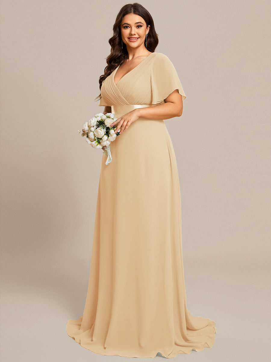 Damen V-Ausschnitt Lange Chiffon Abendkleider mit Schleppe #Farbe_Champagner