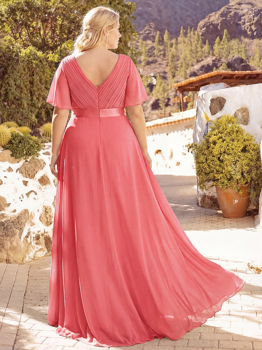 Damen V-Ausschnitt Lange Chiffon Abendkleider mit Schleppe #Farbe_Koralle