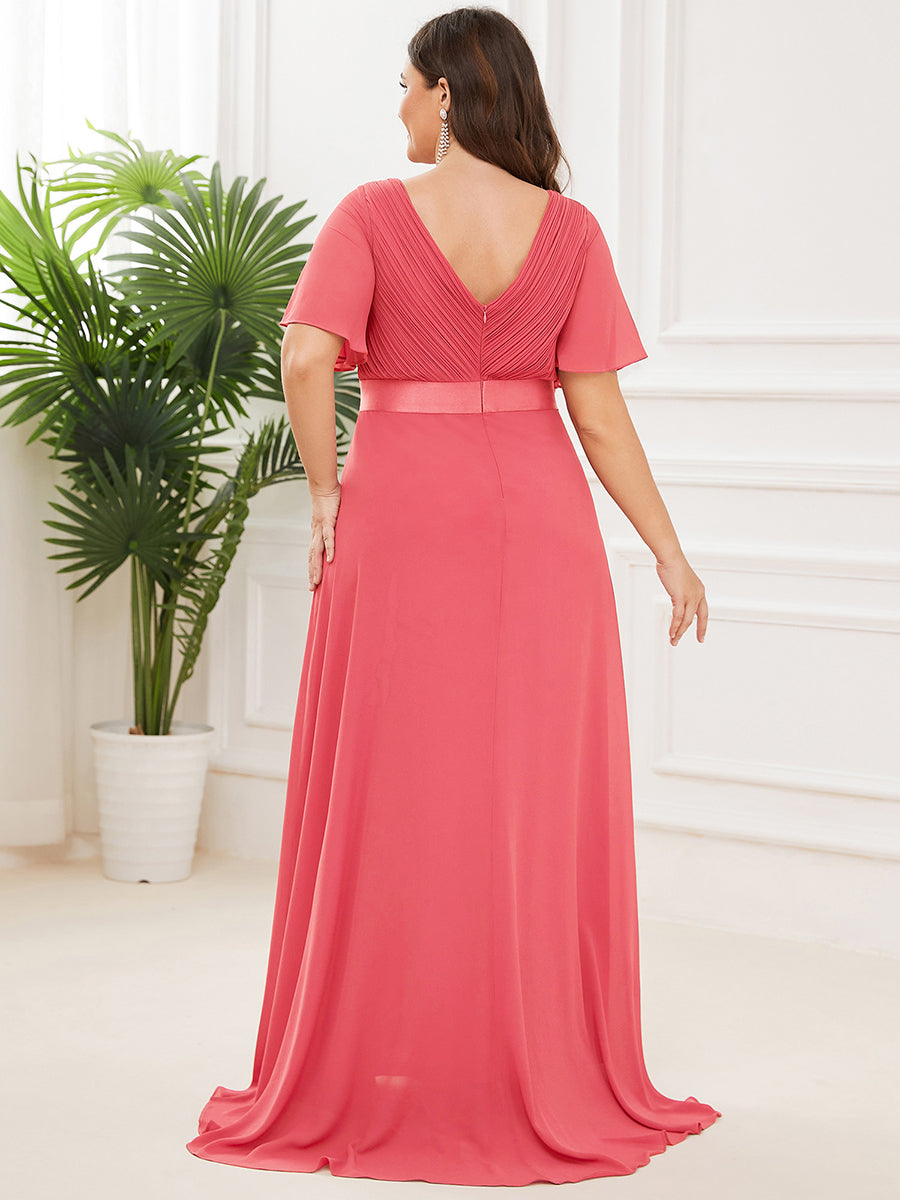 Damen V-Ausschnitt Chiffon Lange Abendkleider mit Schleppe #Farbe_Koralle