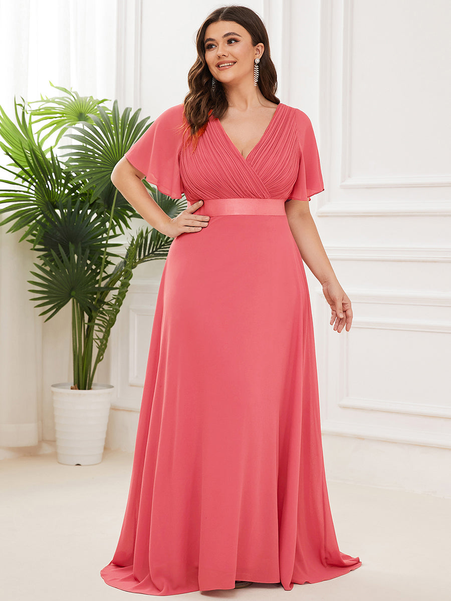 Damen V-Ausschnitt Chiffon Lange Abendkleider mit Schleppe #Farbe_Koralle