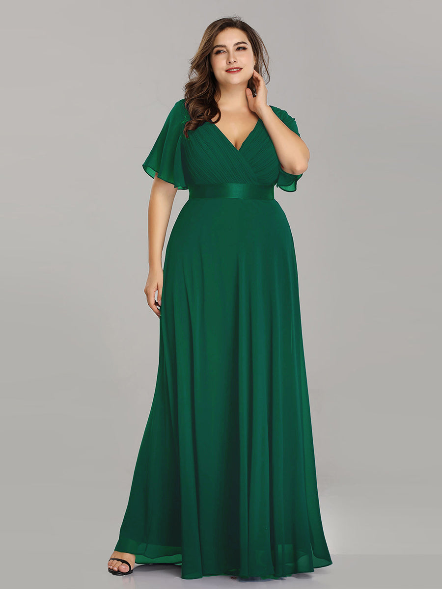 Damen V-Ausschnitt Chiffon Lange Abendkleider mit Schleppe #Farbe_Dunkelgrün