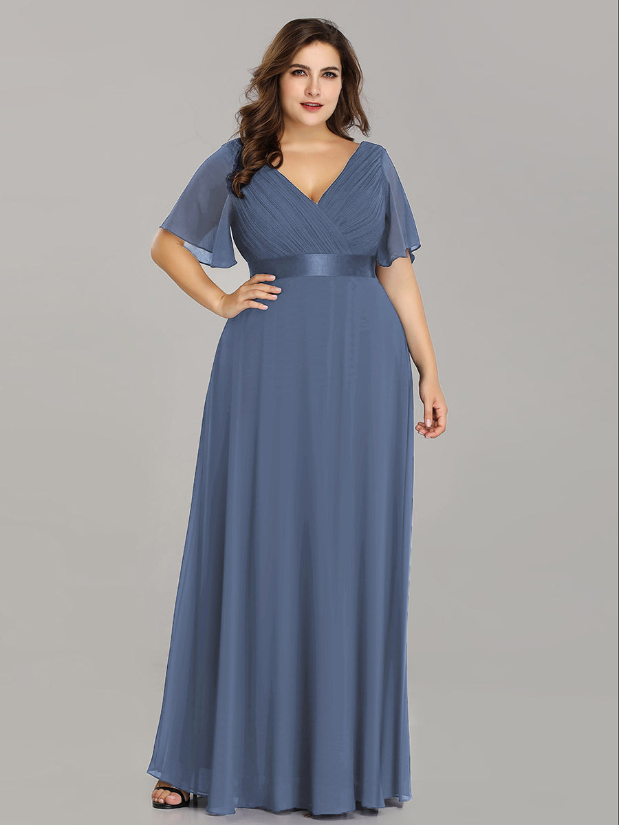 Damen V-Ausschnitt Chiffon Lange Abendkleider mit Schleppe #Farbe_Taubenblau